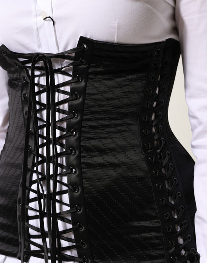 Black Silk Lace-Up Waist Cincher Corset Top