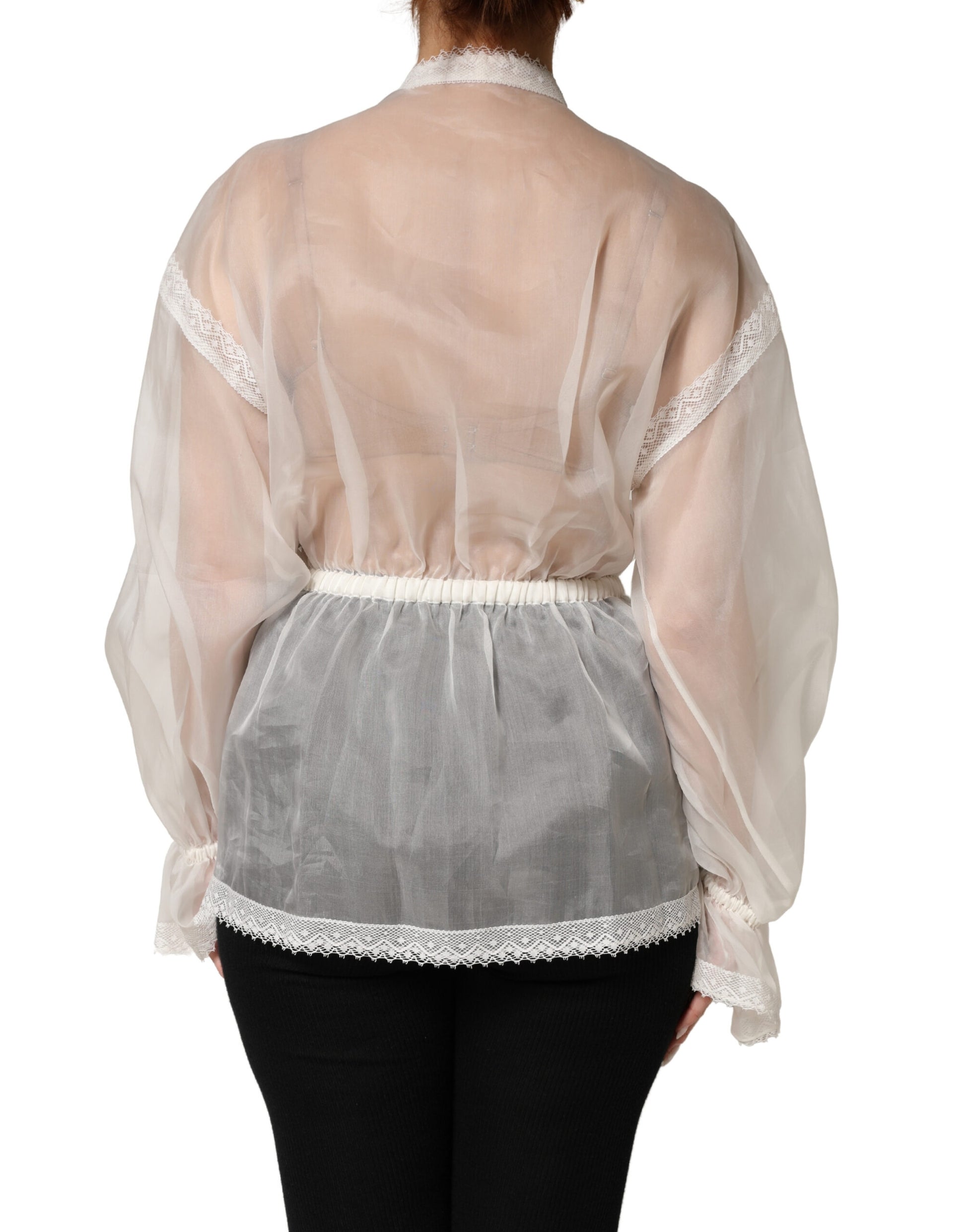 White Sheer Silk Blouse Lace Bow Tie Blouse Top