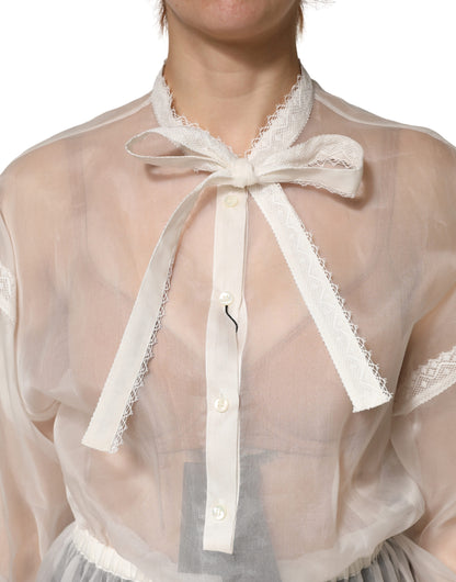 White Sheer Silk Blouse Lace Bow Tie Blouse Top