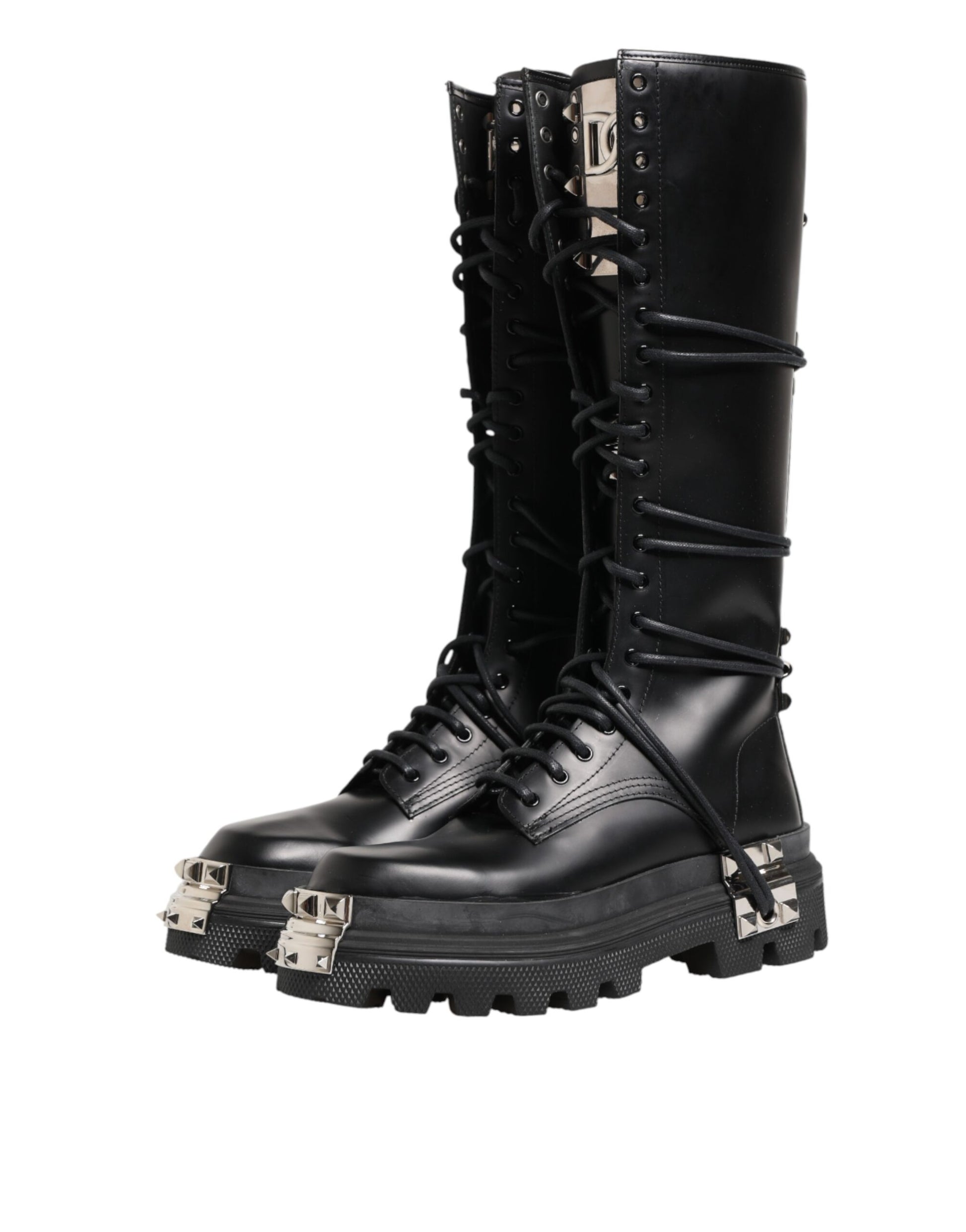 Black Leather Knee High Combat Boots Shoes