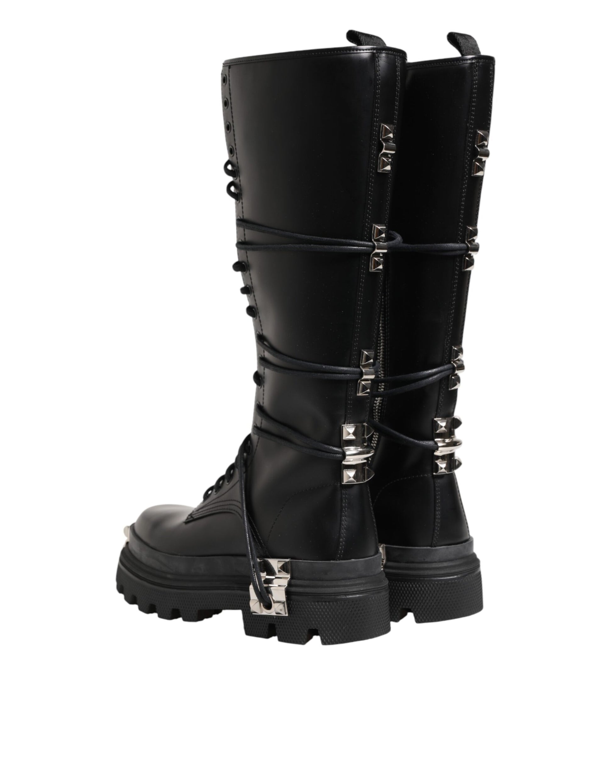 Black Leather Knee High Combat Boots Shoes