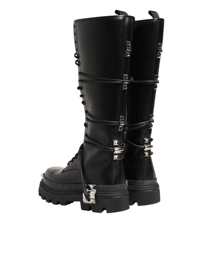 Black Leather Knee High Combat Boots Shoes