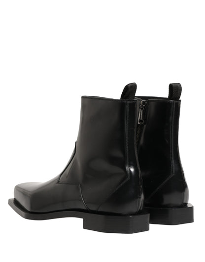 Black Leather Zip Closure Ankle Boots Shoes
