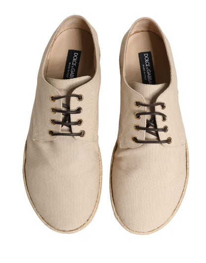 Beige Espadrille Sole Lace Up Canvas Derby Shoes