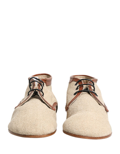 Beige Canvas Leather Trim Dress Derby Shoes