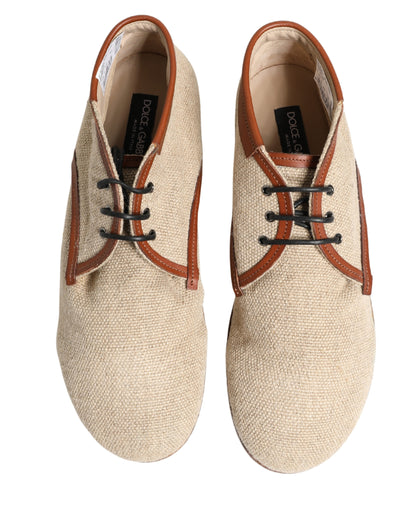 Beige Canvas Leather Trim Dress Derby Shoes