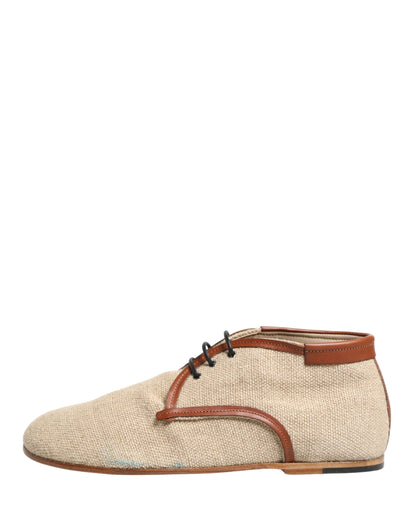 Beige Canvas Leather Trim Dress Derby Shoes