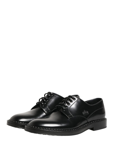 Men Black Lace-Up Leather Crown Dress Derby Shoes