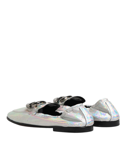 Silver DG Logo Holographic Leather Loafers Shoes