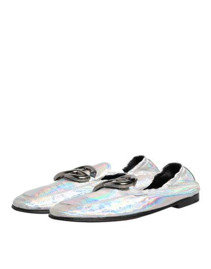 Silver DG Logo Holographic Leather Loafers Shoes