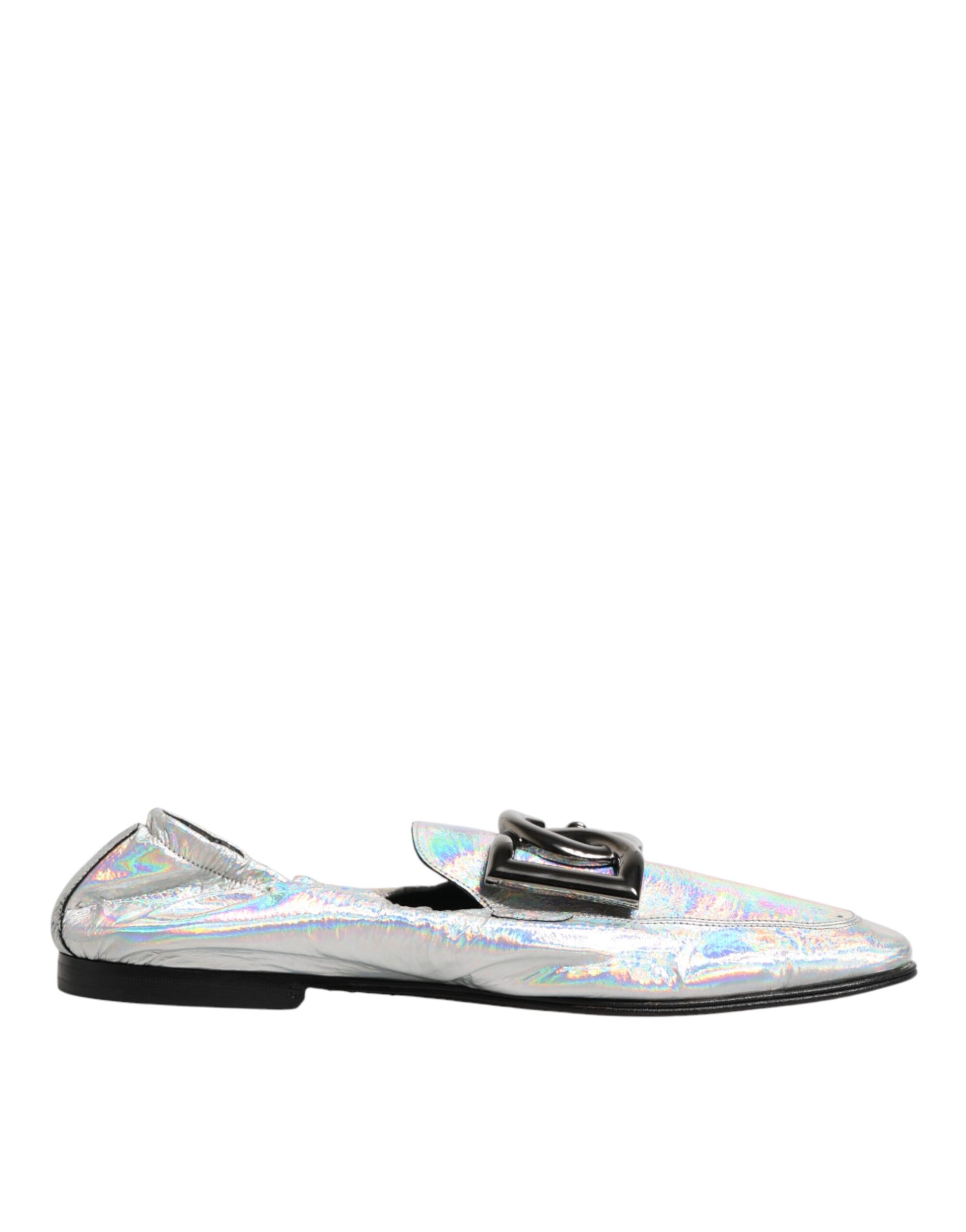 Silver DG Logo Holographic Leather Loafers Shoes