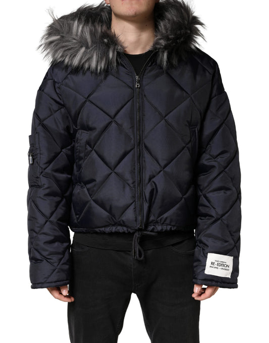 Black Quilted Fur Shearling Hooded  Jacket
