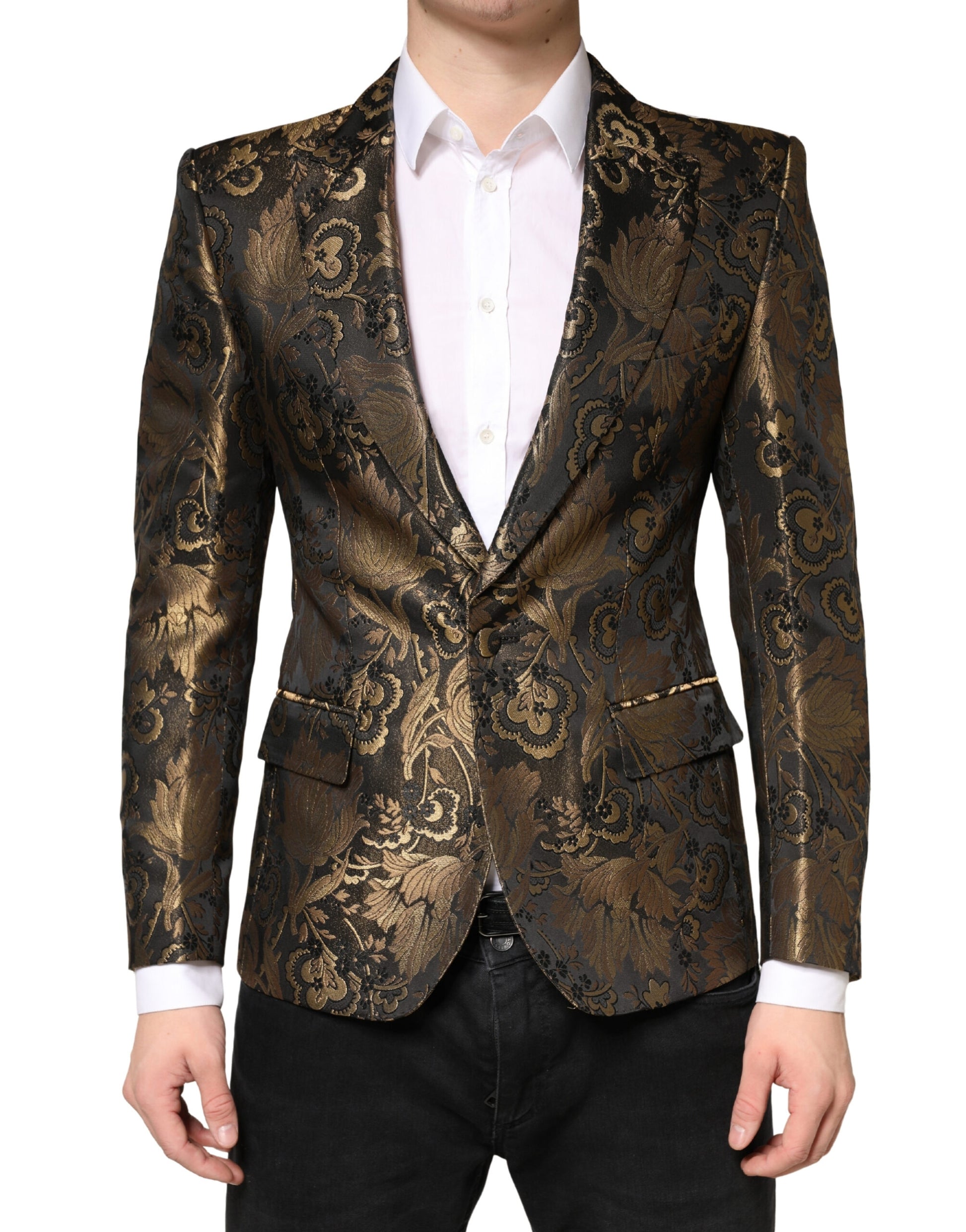 Gold Jacquard Single Breasted Tuxedo Blazer