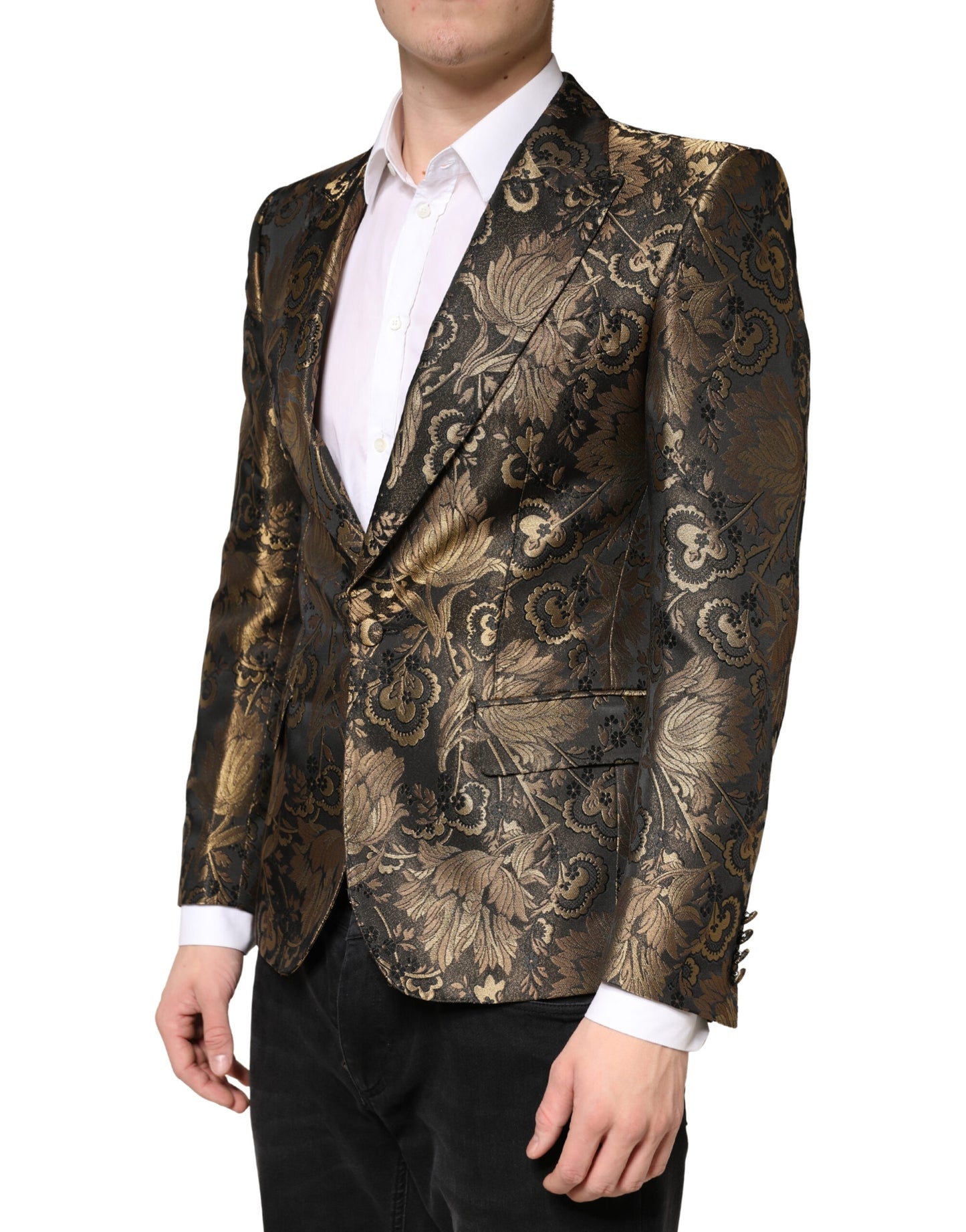 Gold Jacquard Single Breasted Tuxedo Blazer