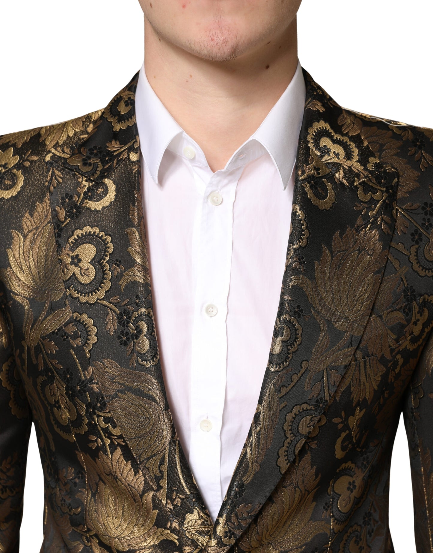 Gold Jacquard Single Breasted Tuxedo Blazer