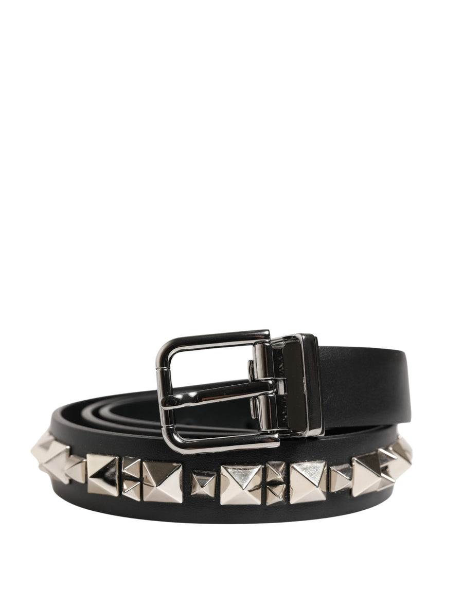 Black Leather Studded Silver Tone Buckle Belt