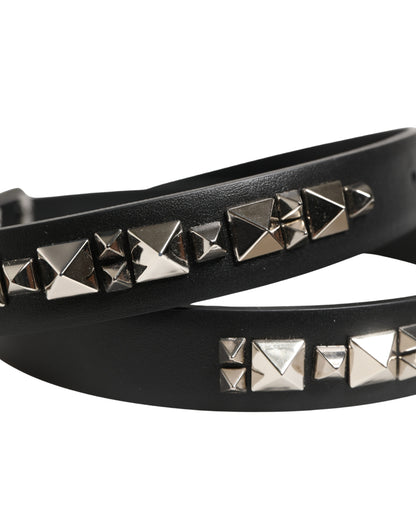 Black Leather Studded Silver Tone Buckle Belt