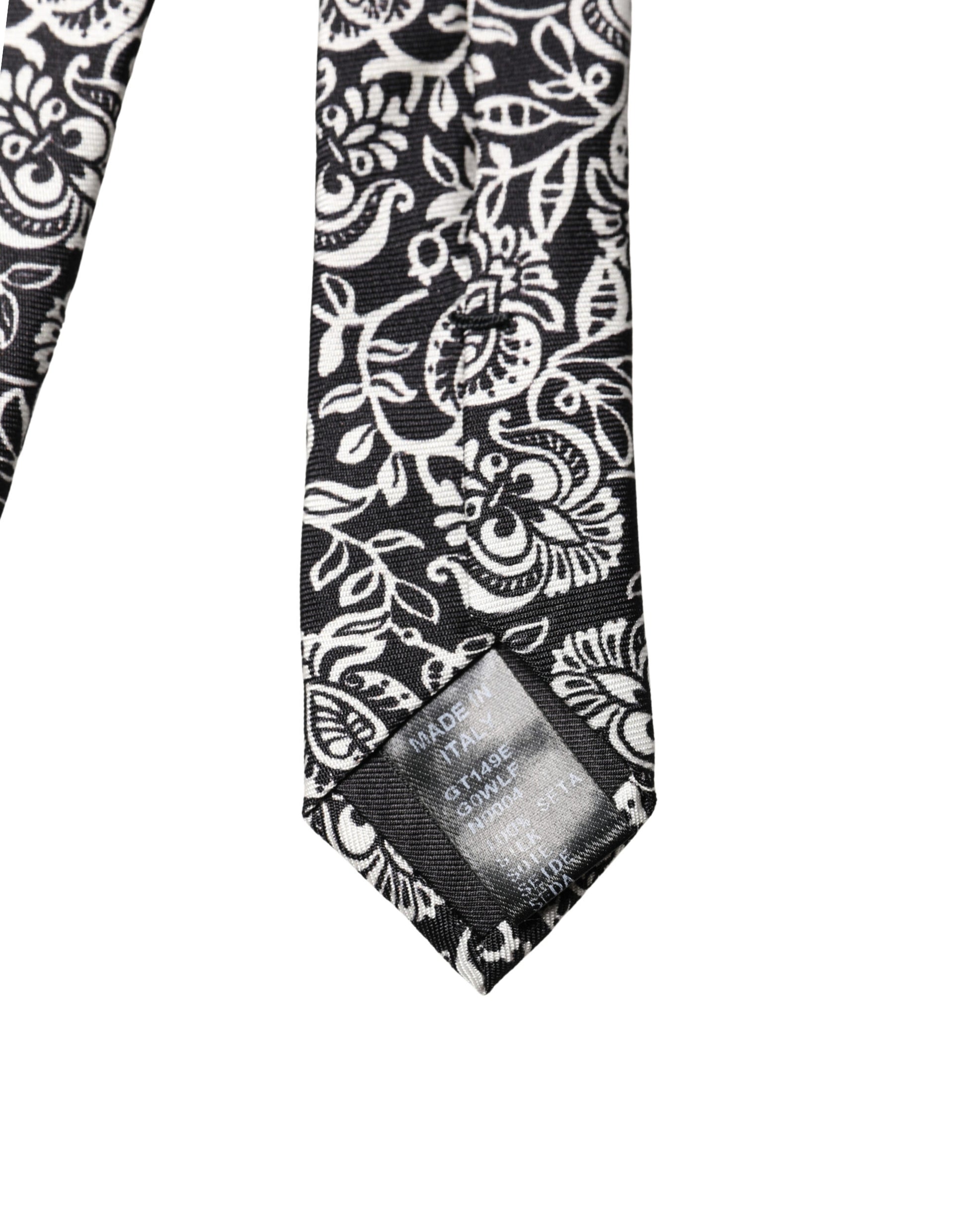 Black White Floral Fantasy Silk Adjustable Necktie Tie