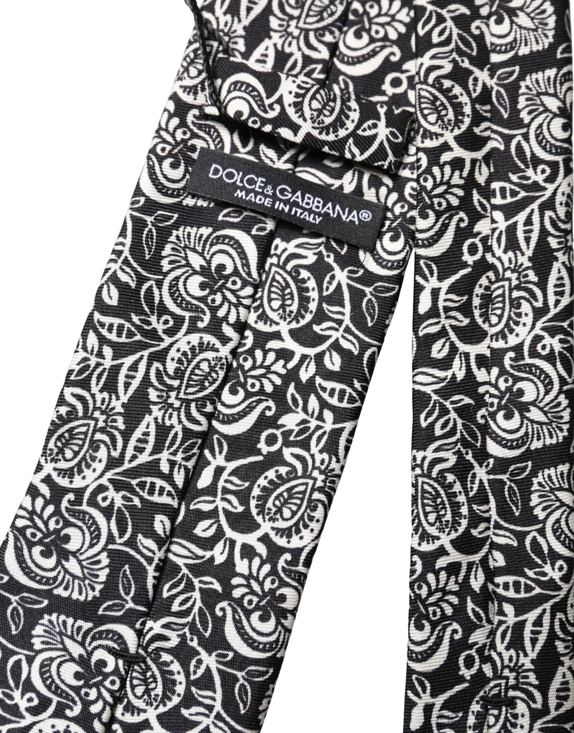 Black White Floral Fantasy Silk Adjustable Necktie Tie