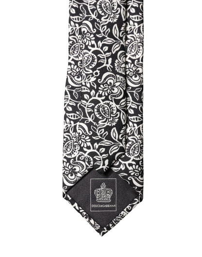 Black White Floral Fantasy Silk Adjustable Necktie Tie