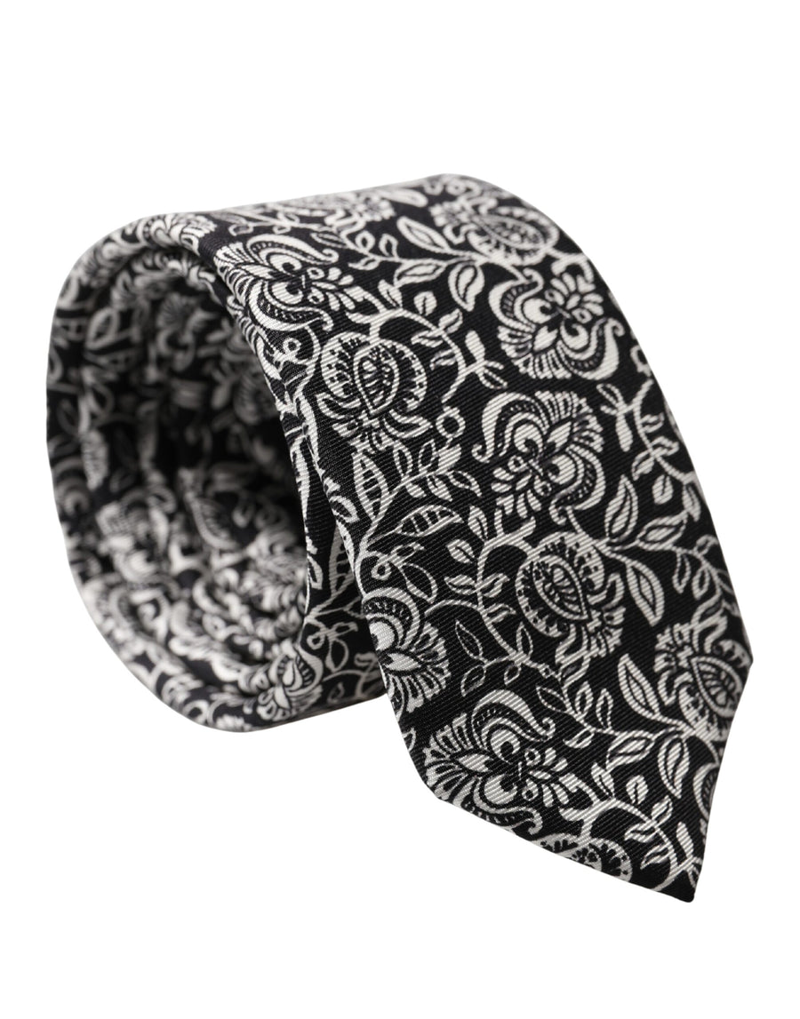 Black White Floral Fantasy Silk Adjustable Necktie Tie