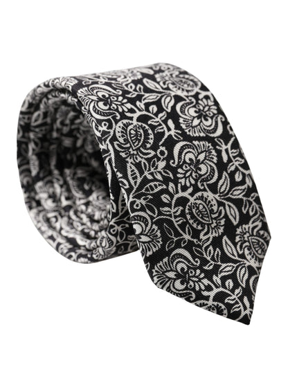 Black White Floral Fantasy Silk Adjustable Necktie Tie