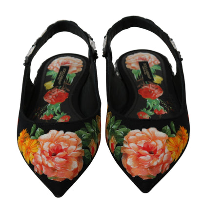 Black Floral Crystal Slingbacks Flats Shoes