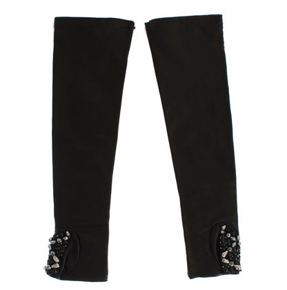 Black Leather Crystal Beaded Finger Free Gloves