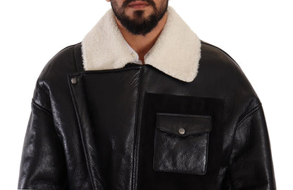 Black Leather Shearling Biker Coat Jacket