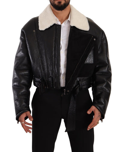 Black Leather Shearling Biker Coat Jacket