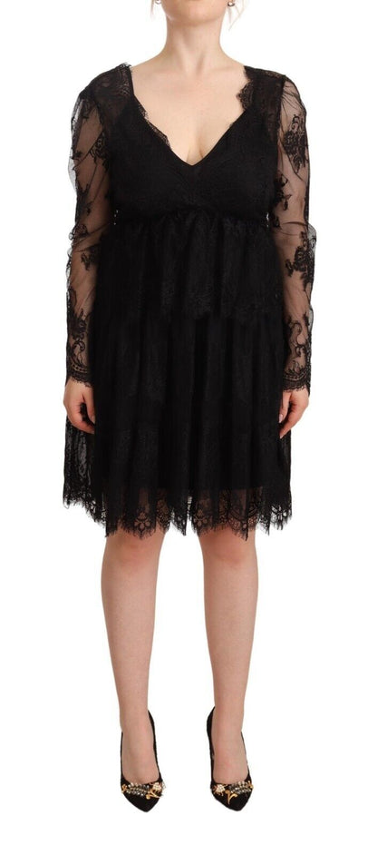 Black Floral Lace Cotton Long Sleeves V-neck Shift Dress