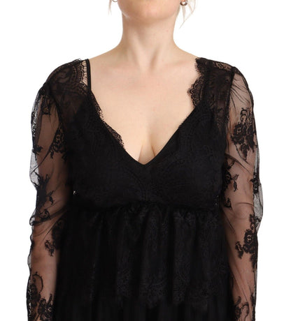 Black Floral Lace Cotton Long Sleeves V-neck Shift Dress