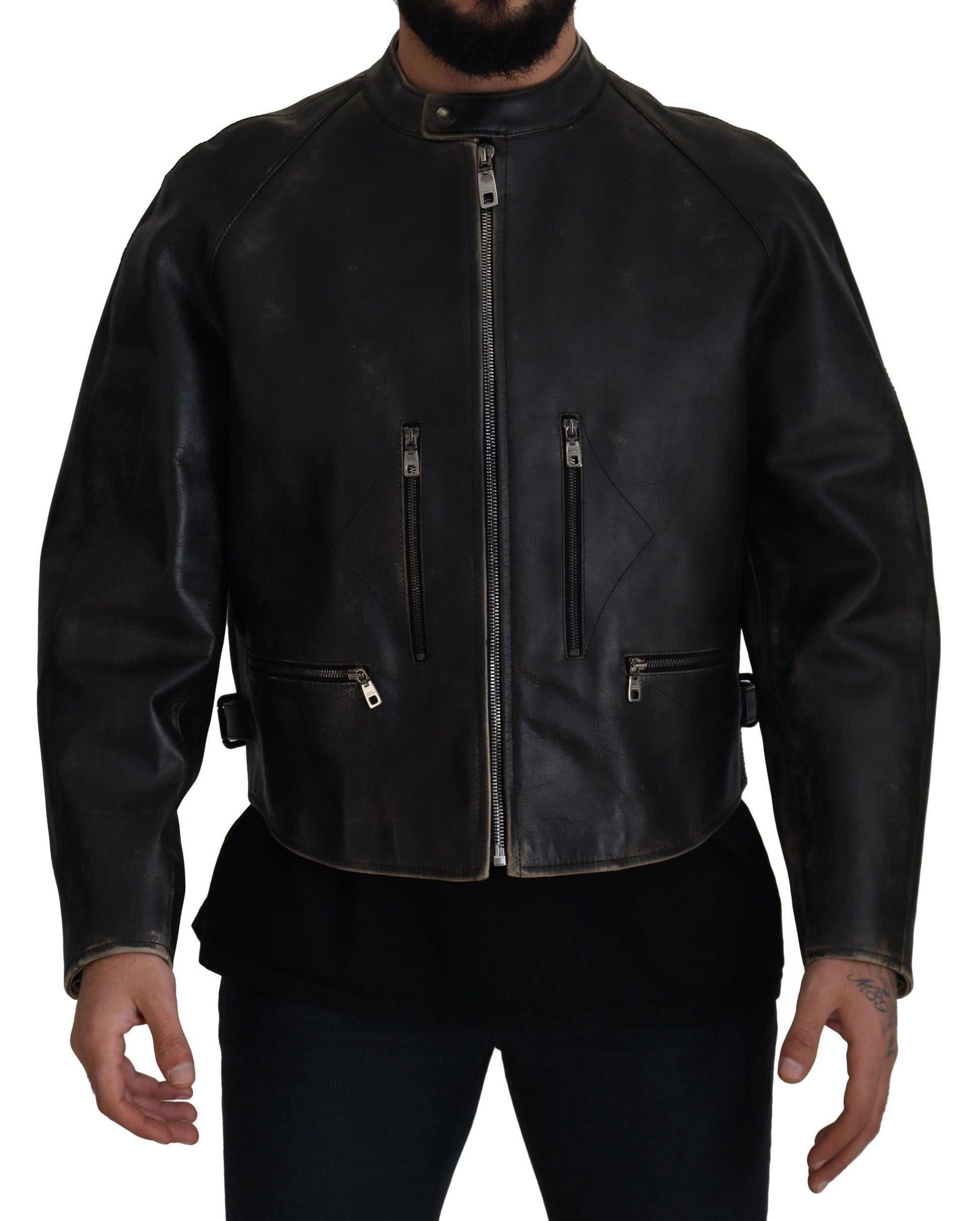 Black Leather Zipper Biker Coat Jacket
