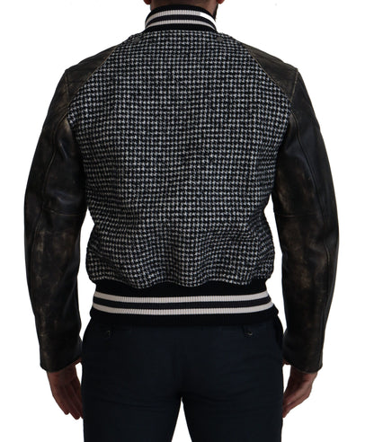 Black Houndstooth Polyester Bomber Jacket