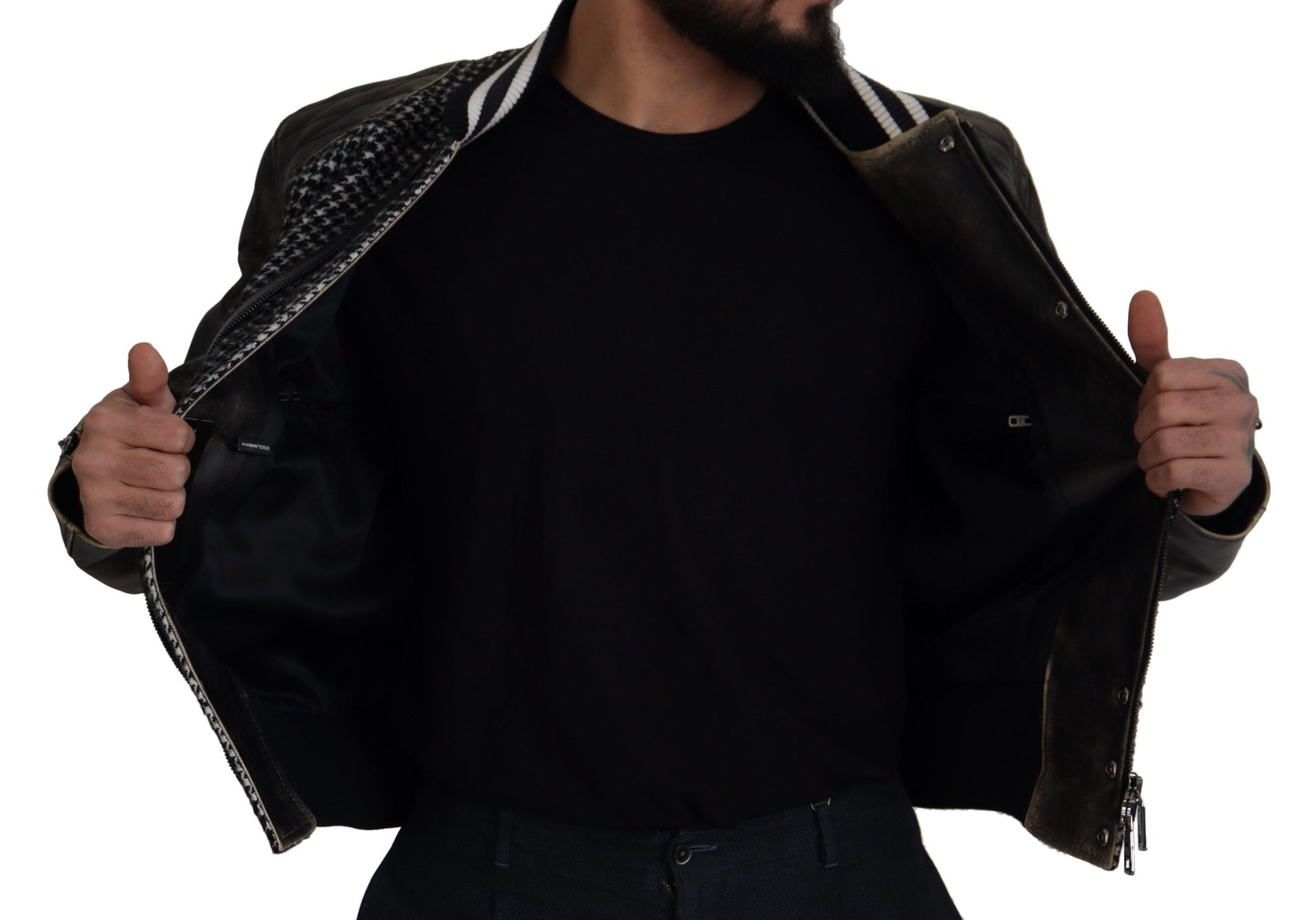 Black Houndstooth Polyester Bomber Jacket