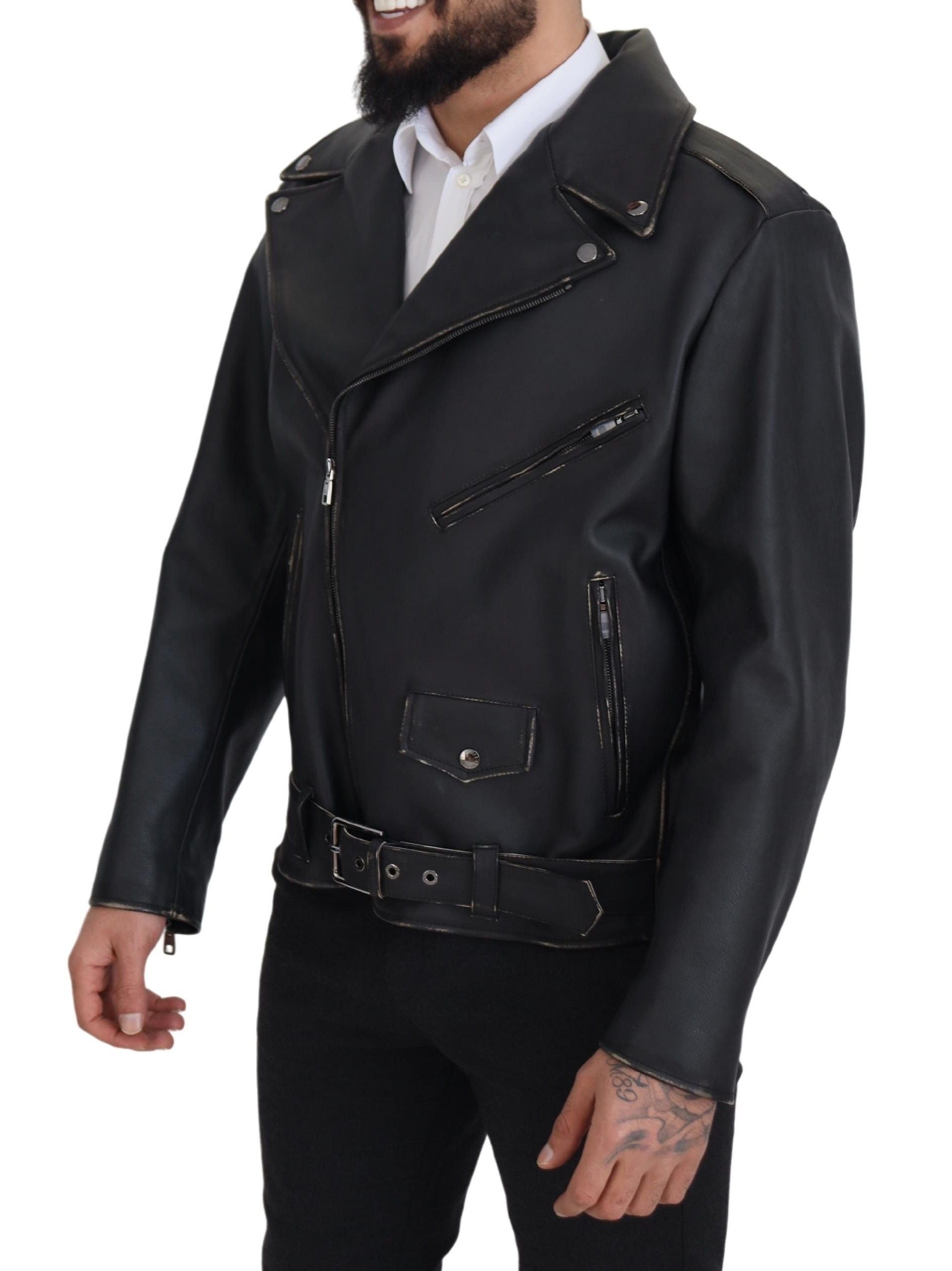 Black Leather Biker Coat Zipper Jacket