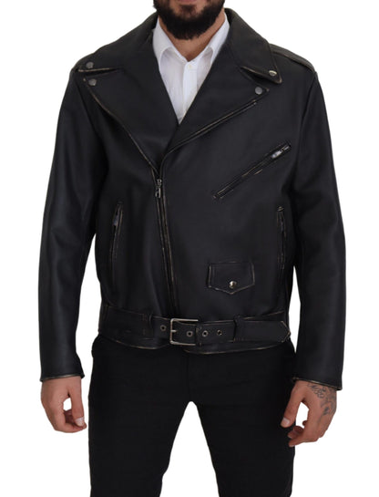 Black Leather Biker Coat Zipper Jacket