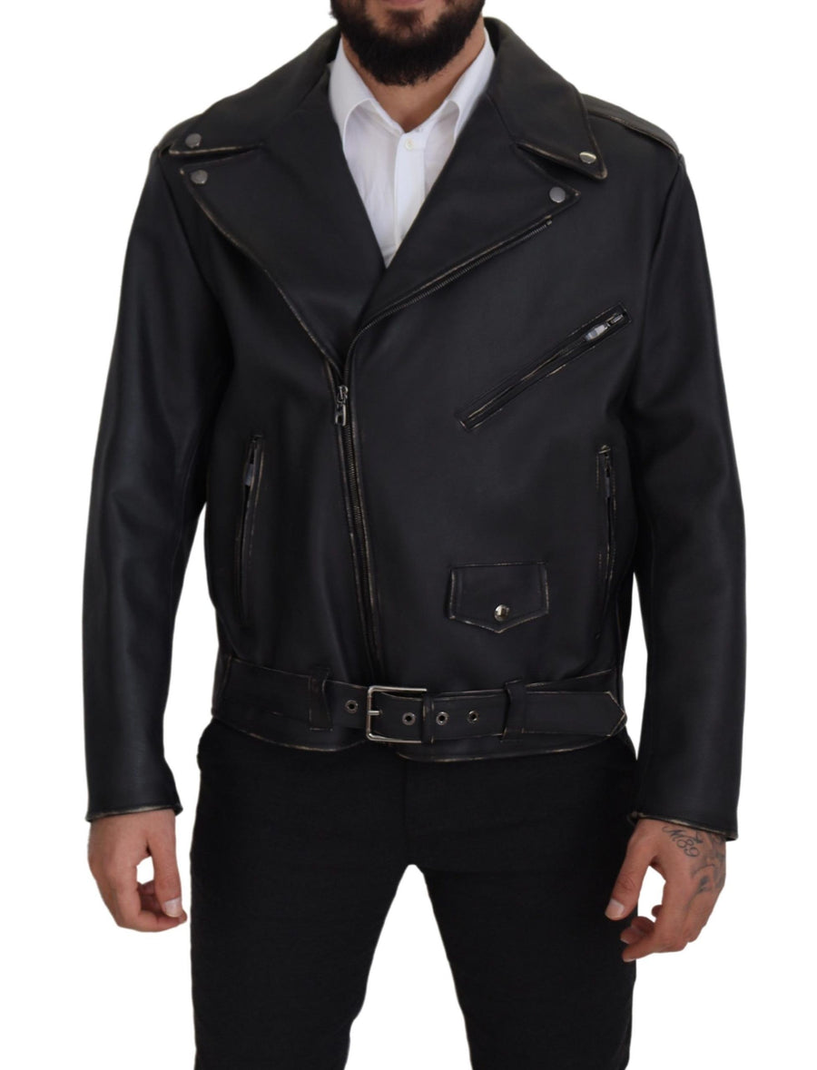 Black Leather Biker Coat Zipper Jacket