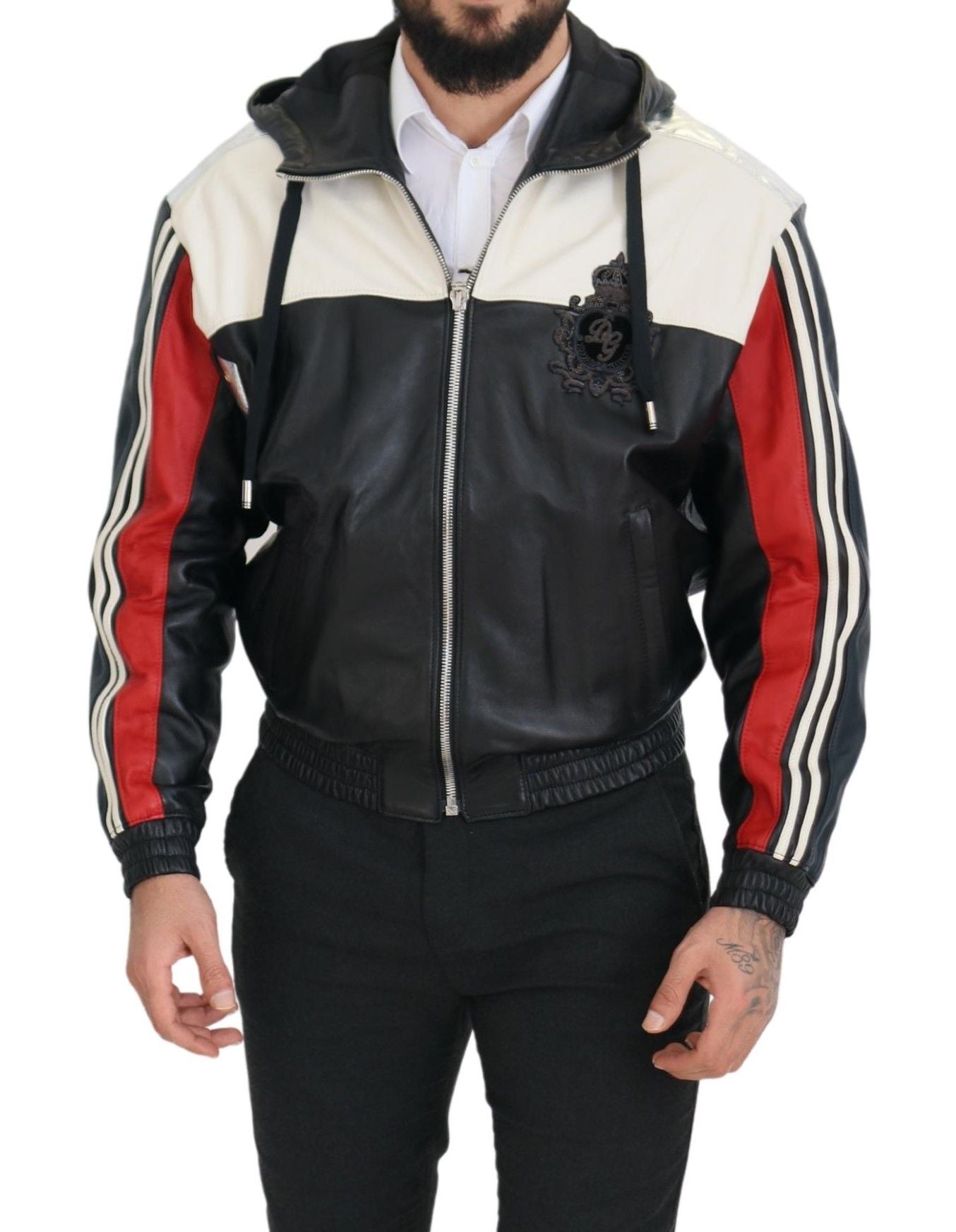 Black Leather Hooded Blouson Coat Jacket