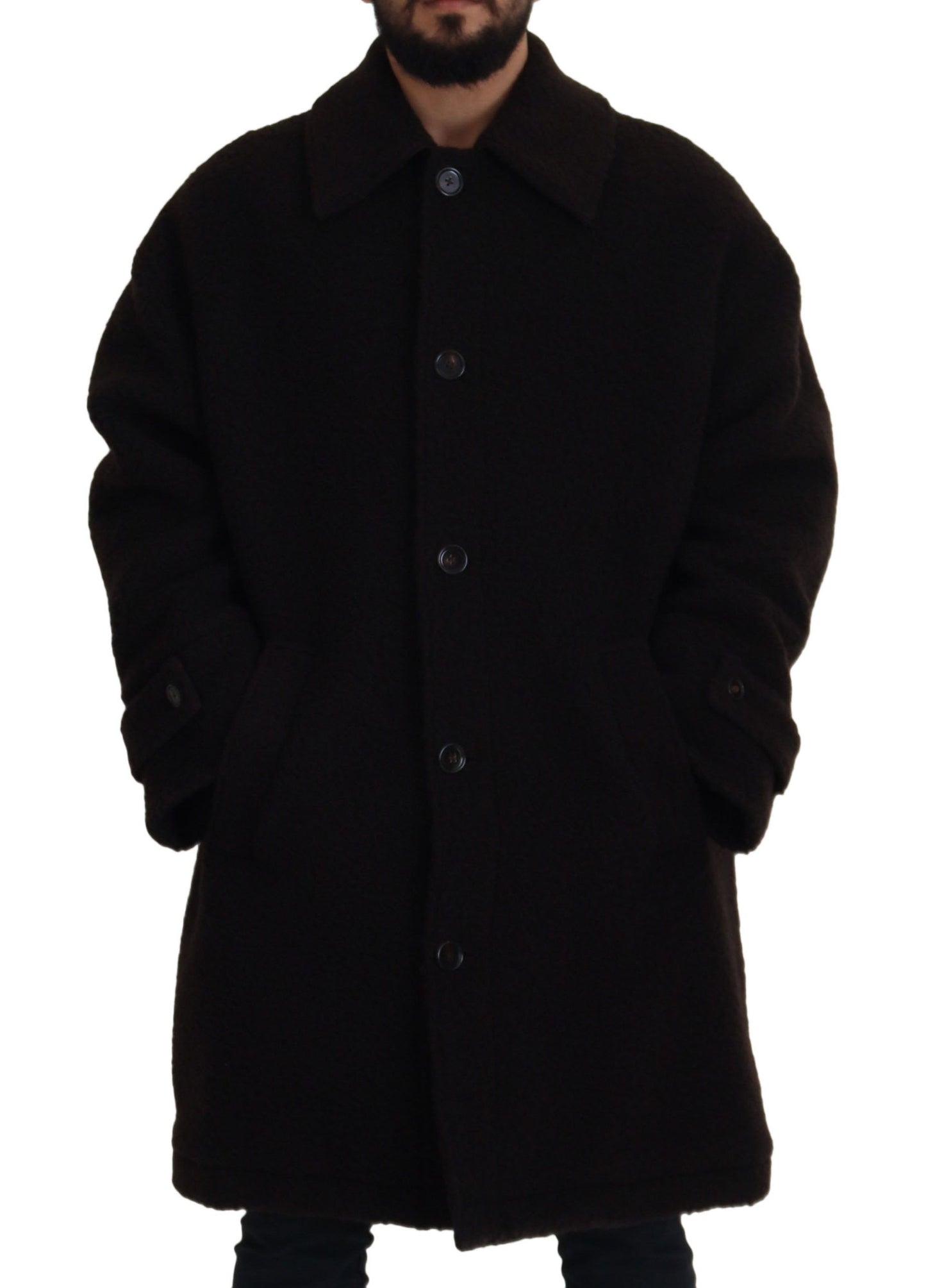 Black Alpaca Button Down Trench Coat Jacket