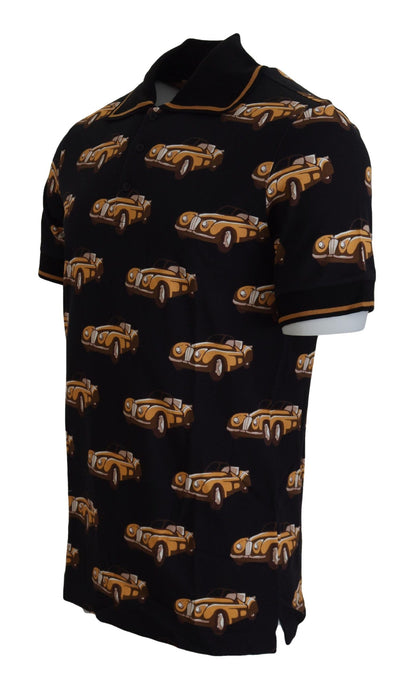 Black Car Print Short Sleeve Polo T-shirt