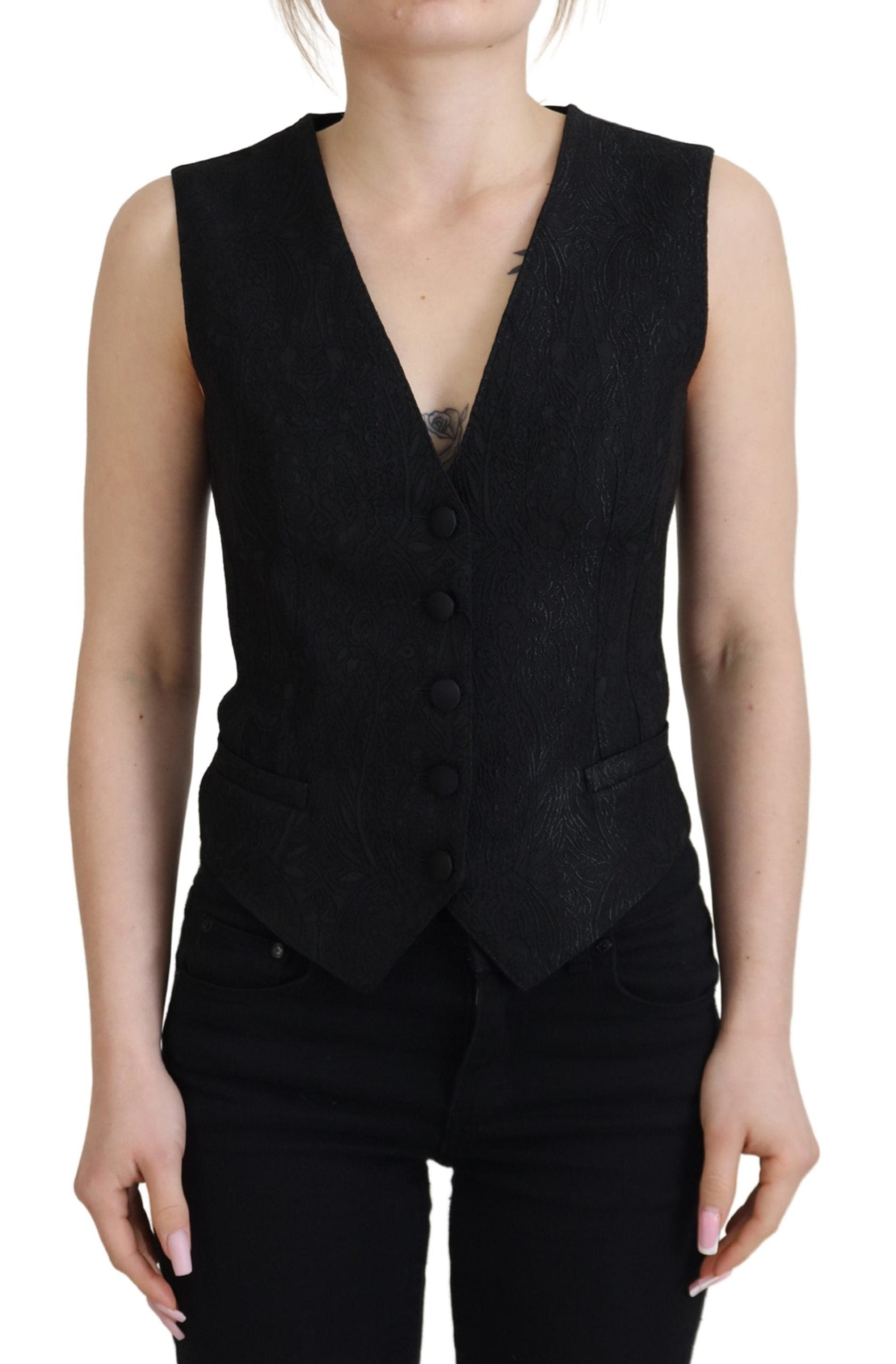 Black Brocade Button Down Sleeveless Vest Top