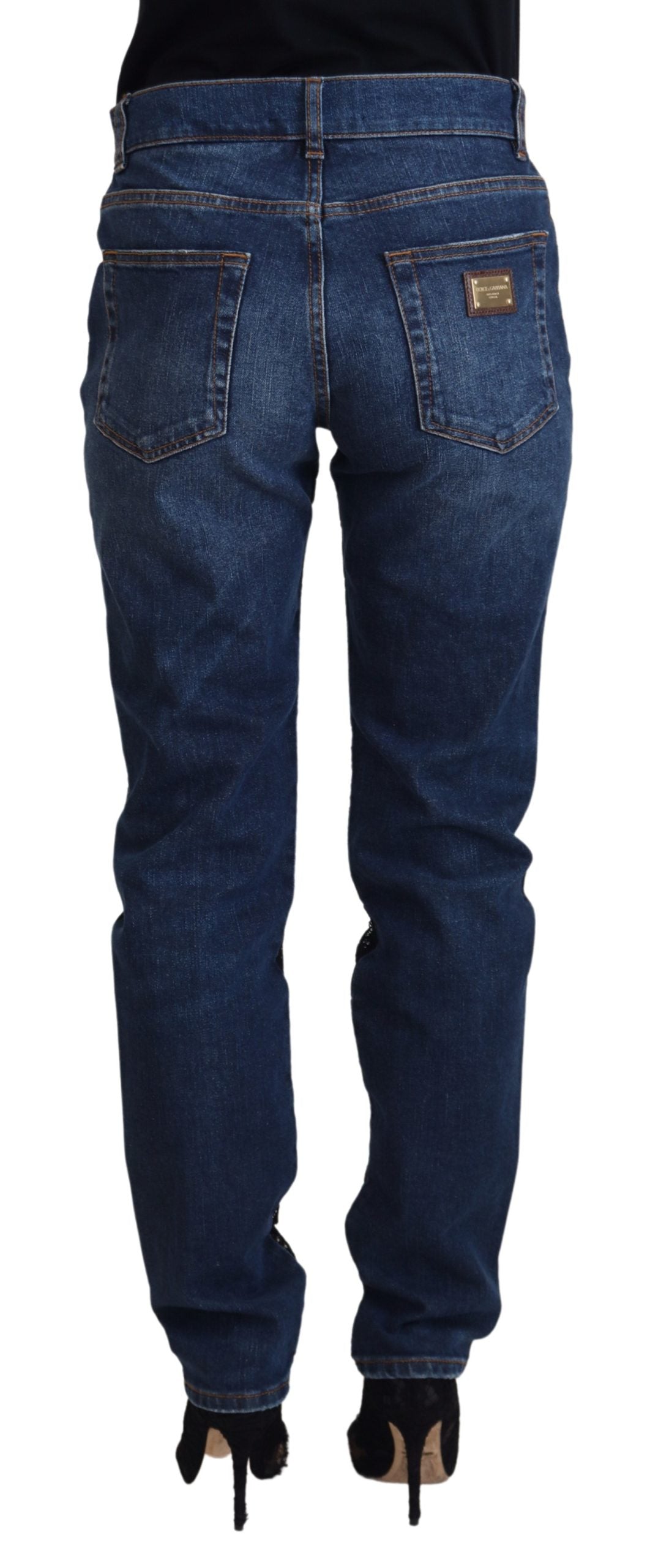 Black Floral Lace Front Skinny Denim Jeans