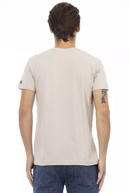 Beige Cotton Men V-neck T-shirt