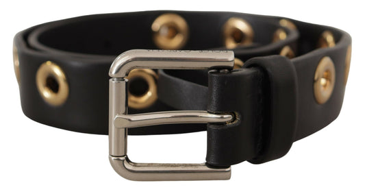Black Leather Eyelet Silver Tone Metal Buckle Belt