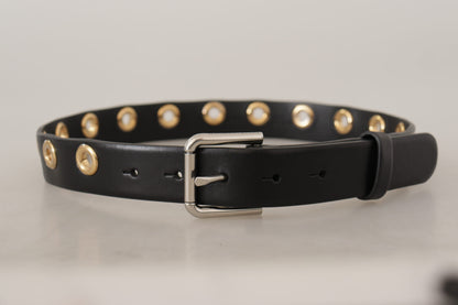 Black Leather Eyelet Silver Tone Metal Buckle Belt