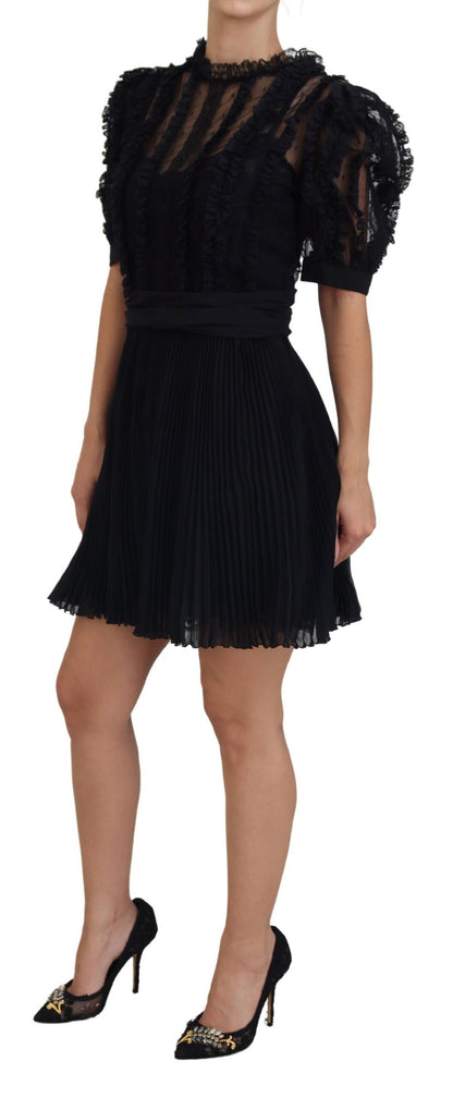 Black Lace Trim A-line Mini Nylon Dress