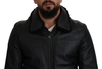 Black Lamb Leather Collared Men Coat Jacket