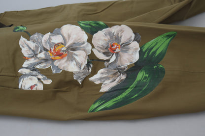 Beige Cotton Stretch Floral Chinos Pants