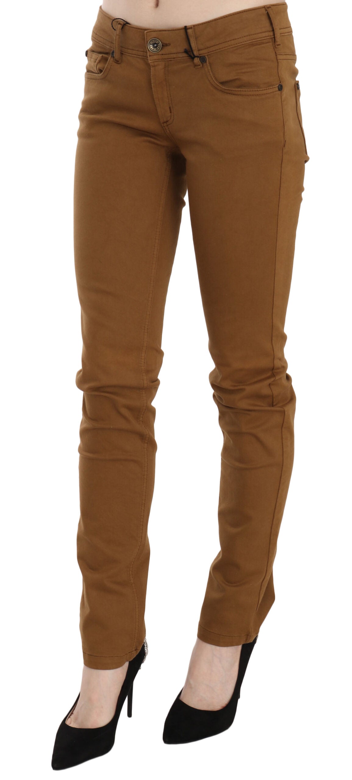 Brown Cotton Mid Waist Skinny Slim Fit Denim Jeans